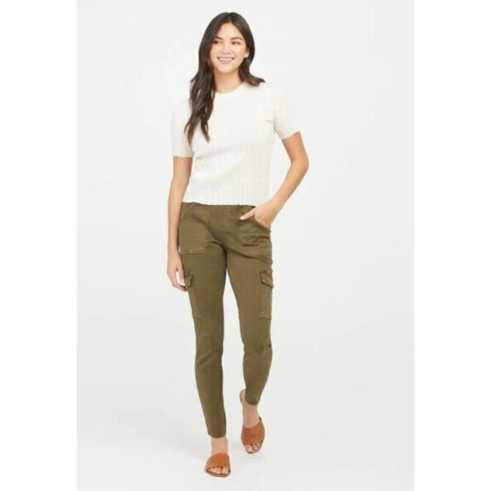 Spanx Stretch Twill Ankle Cargo Jogger Pants Size Small Darkened Olive 20311R